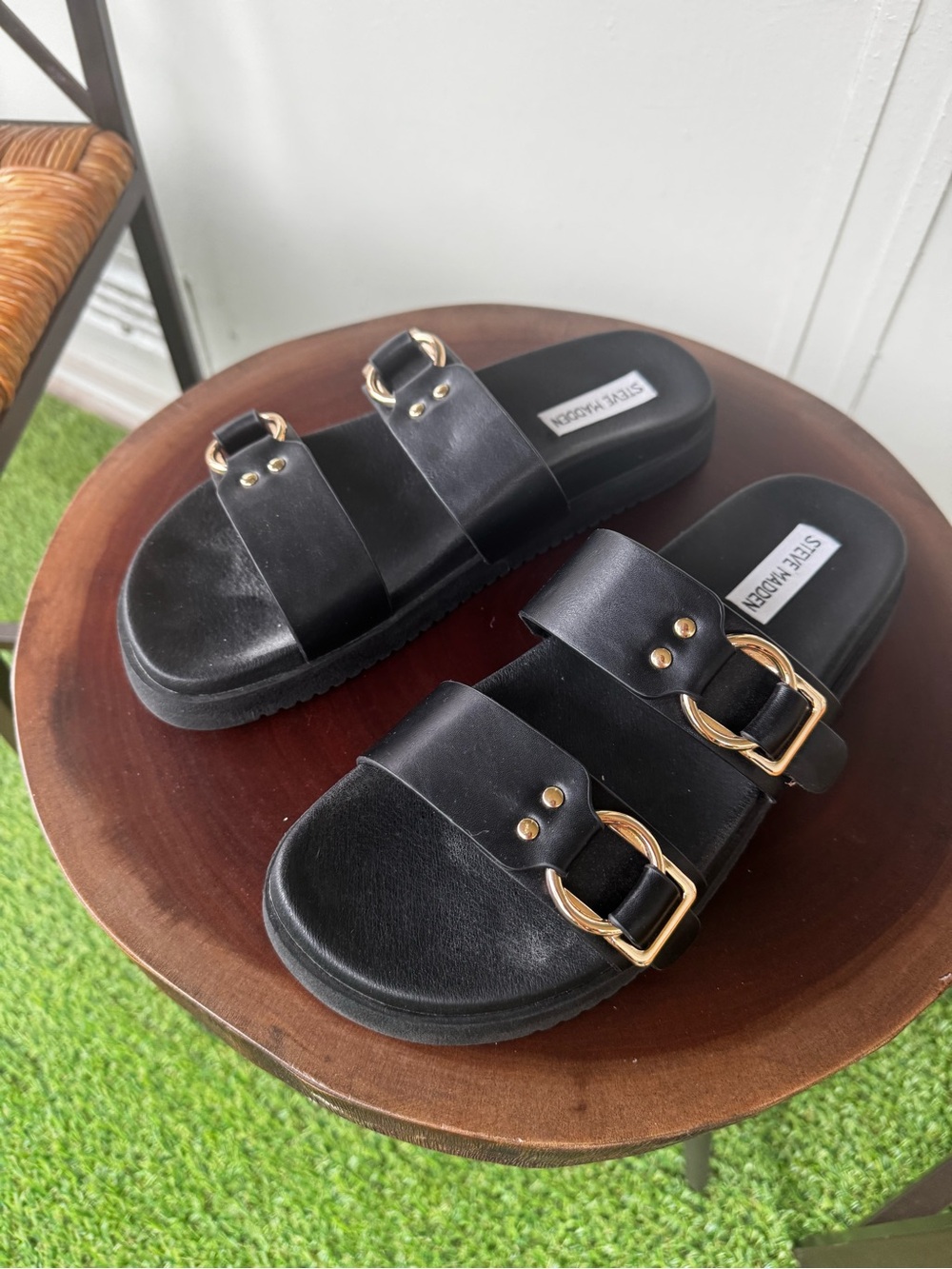Steve Madden Black Slide Sandals with Gold Buckles